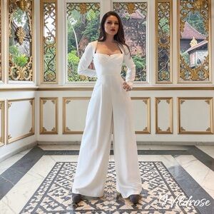 Roland Mouret Dawlish White Jumpsuit – Queen Anne Bodice Wide Leg Pants – US 10